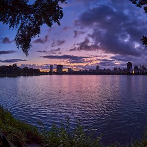 Preview wallpaper city, dusk, branches, water, waves