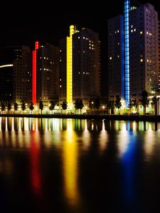 Preview wallpaper city, embankment, lights, colorful, reflection, buildings