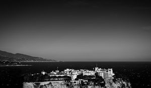 Preview wallpaper city, evening, black white, building, castle