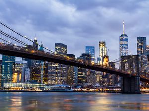Preview wallpaper city, evening, glow, bridge