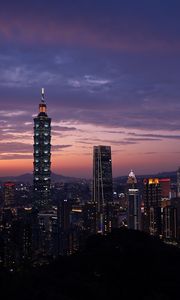 Preview wallpaper city, evening, lights, sunset, buildings