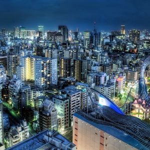 Preview wallpaper city, evening, night, buildings, skyscrapers, view from above, hdr