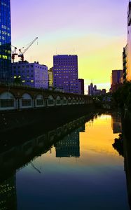 Preview wallpaper city, evening, river, buildings