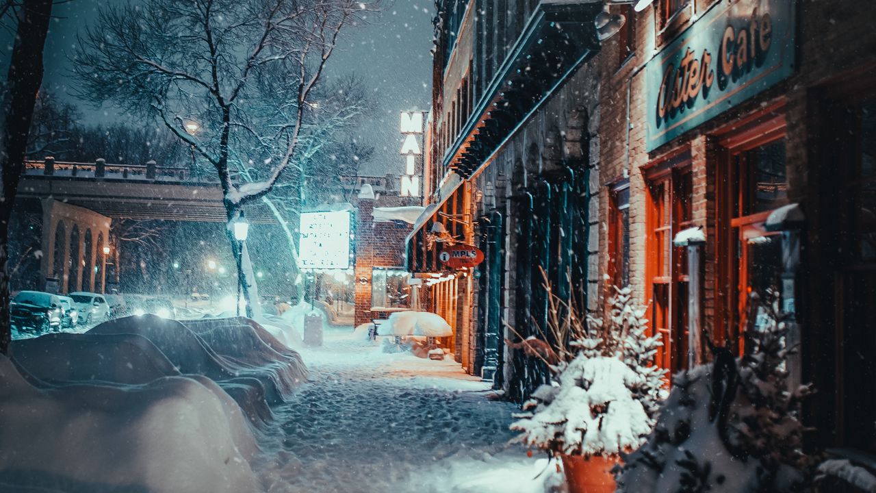 Wallpaper city, evening, snowfall, winter, street, buildings