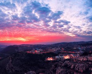 Preview wallpaper city, evening, sunset, sky, uplands