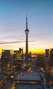 Preview wallpaper city, evening, tower, buildings, sunset