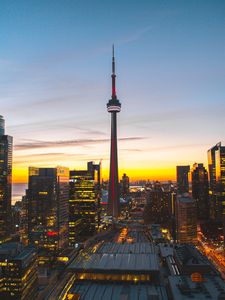 Preview wallpaper city, evening, tower, buildings, sunset