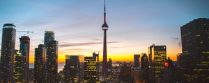Preview wallpaper city, evening, tower, buildings, sunset