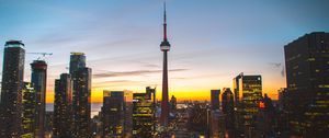 Preview wallpaper city, evening, tower, buildings, sunset