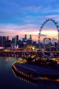 Preview wallpaper city, ferris wheel, aerial view, buildings, lights, water