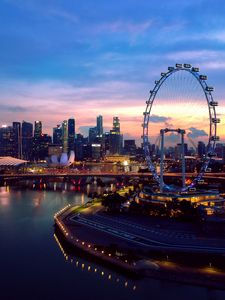 Preview wallpaper city, ferris wheel, aerial view, buildings, lights, water