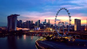 Preview wallpaper city, ferris wheel, aerial view, buildings, lights, water