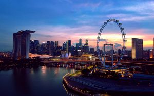 Preview wallpaper city, ferris wheel, aerial view, buildings, lights, water