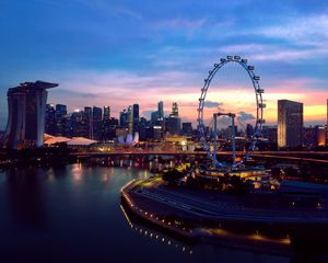 Preview wallpaper city, ferris wheel, aerial view, buildings, lights, water