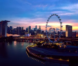 Preview wallpaper city, ferris wheel, aerial view, buildings, lights, water