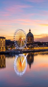 Preview wallpaper city, ferris wheel, buildings, water, reflection, twilight