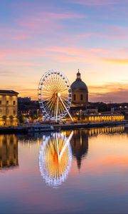 Preview wallpaper city, ferris wheel, buildings, water, reflection, twilight
