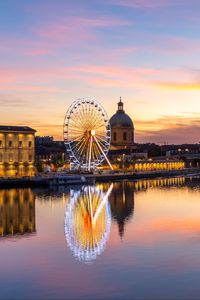 Preview wallpaper city, ferris wheel, buildings, water, reflection, twilight