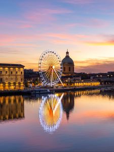 Preview wallpaper city, ferris wheel, buildings, water, reflection, twilight