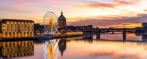 Preview wallpaper city, ferris wheel, buildings, water, reflection, twilight