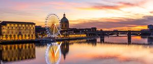 Preview wallpaper city, ferris wheel, buildings, water, reflection, twilight