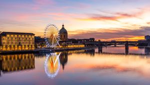 Preview wallpaper city, ferris wheel, buildings, water, reflection, twilight