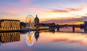 Preview wallpaper city, ferris wheel, buildings, water, reflection, twilight