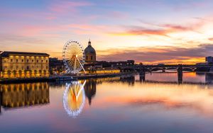 Preview wallpaper city, ferris wheel, buildings, water, reflection, twilight