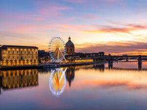 Preview wallpaper city, ferris wheel, buildings, water, reflection, twilight