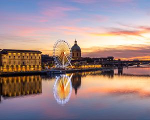 Preview wallpaper city, ferris wheel, buildings, water, reflection, twilight