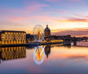 Preview wallpaper city, ferris wheel, buildings, water, reflection, twilight