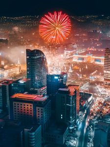 Preview wallpaper city, fireworks, aerial view, night, buildings, lights