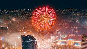 Preview wallpaper city, fireworks, aerial view, night, buildings, lights
