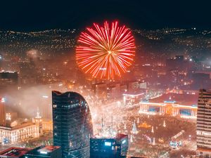 Preview wallpaper city, fireworks, aerial view, night, buildings, lights