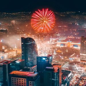 Preview wallpaper city, fireworks, aerial view, night, buildings, lights