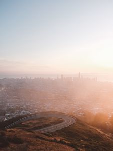 Preview wallpaper city, fog, aerial view, dawn, cityscape