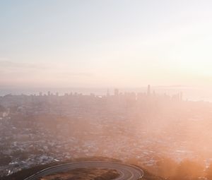 Preview wallpaper city, fog, aerial view, dawn, cityscape