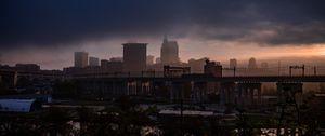 Preview wallpaper city, fog, buildings, bridge, gloom