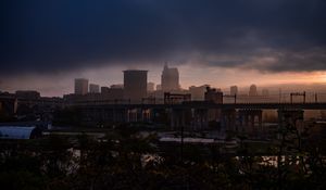 Preview wallpaper city, fog, buildings, bridge, gloom