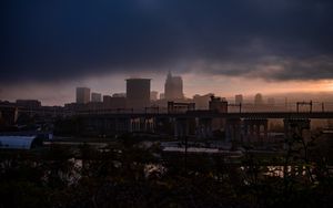 Preview wallpaper city, fog, buildings, bridge, gloom