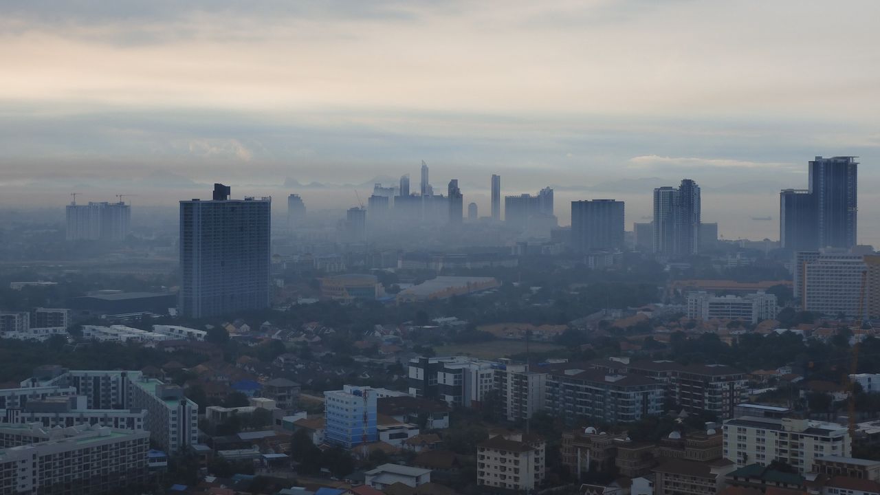 Wallpaper city, fog, dawn, aerial view