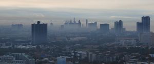 Preview wallpaper city, fog, dawn, aerial view