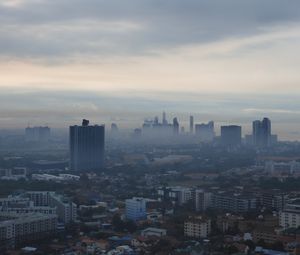 Preview wallpaper city, fog, dawn, aerial view