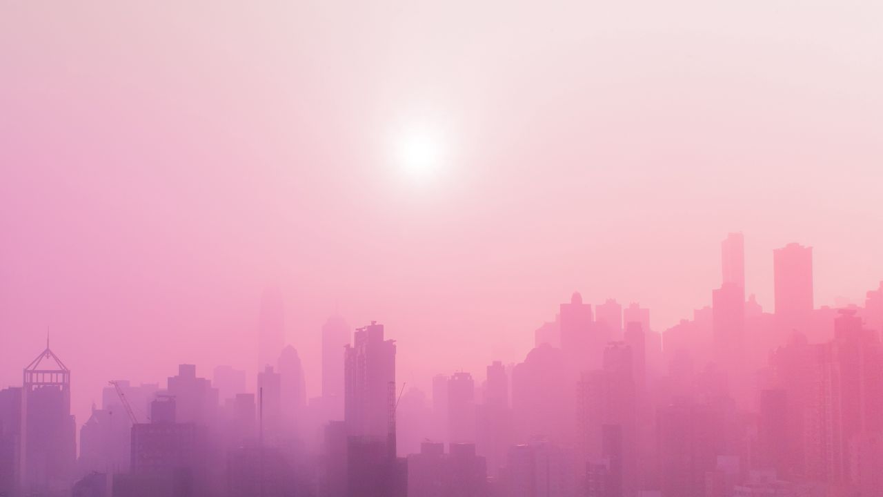 Wallpaper city, fog, sun, buildings, skyscrapers, cityscape