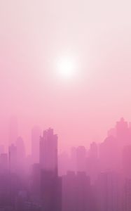 Preview wallpaper city, fog, sun, buildings, skyscrapers, cityscape