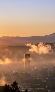 Preview wallpaper city, fog, sunset