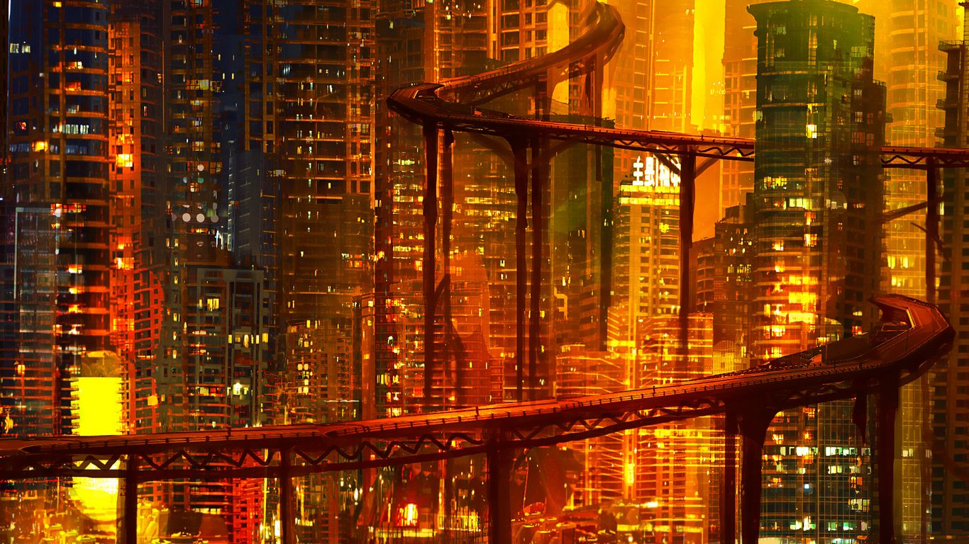 Download wallpaper 1366x768 city, futurism, cyberpunk, sci-fi, dark tablet,  laptop hd background