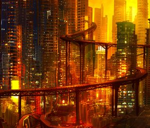 Preview wallpaper city, future, cyberpunk, architecture, night, lights, road junction