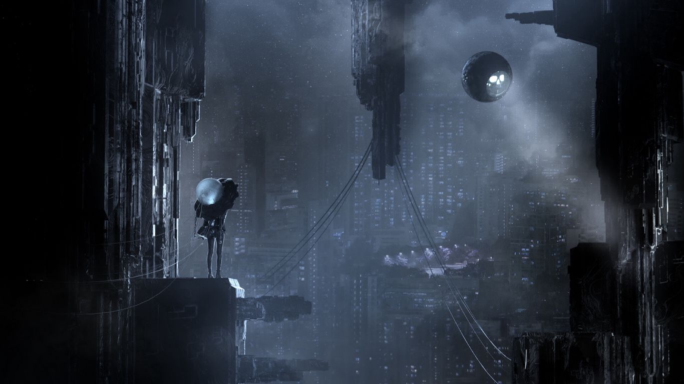 Download wallpaper 1366x768 city, futurism, cyberpunk, sci-fi, dark tablet,  laptop hd background