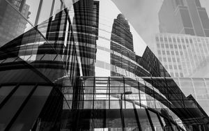 Preview wallpaper city, glass, reflection, street, windows, edges, bw